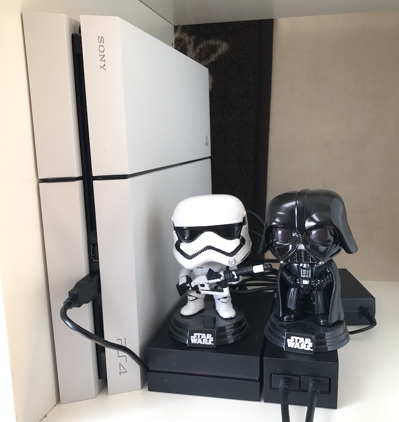 Darth Vader and stormtrooper guarding the PSVR box