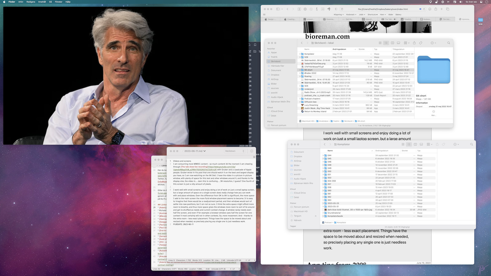 6K monitor displaying video in one quarter of the space, other windows on the rest
